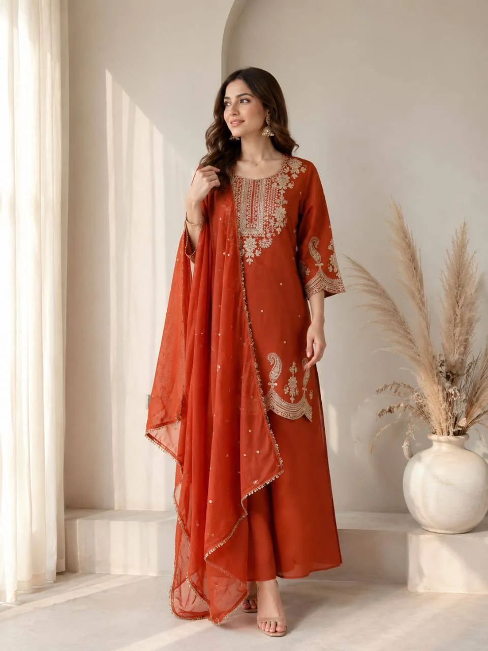 Roman Silk Paisley Kurta Set with Dupatta in Rust — photo 2 of 7