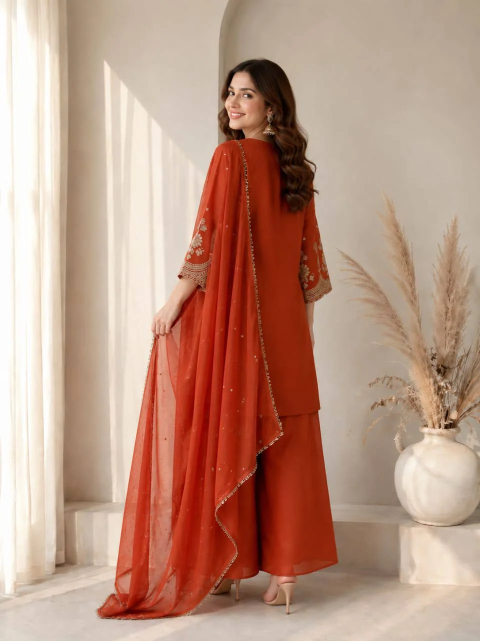 Roman Silk Paisley Kurta Set with Dupatta in Rust — photo 3 of 7