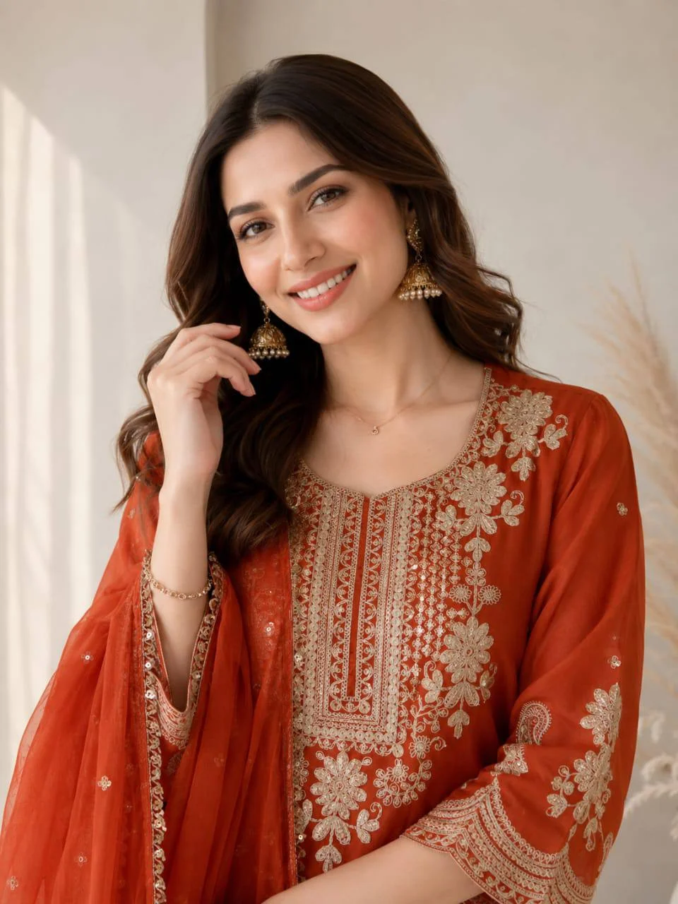 Roman Silk Paisley Kurta Set with Dupatta in Rust — photo 4 of 7