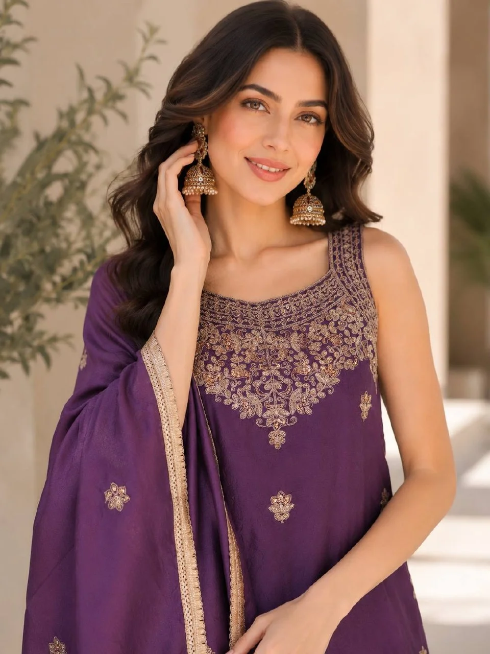 Sleeveless Sequin Kurta Set with Dupatta in Purple — photo 2 of 6