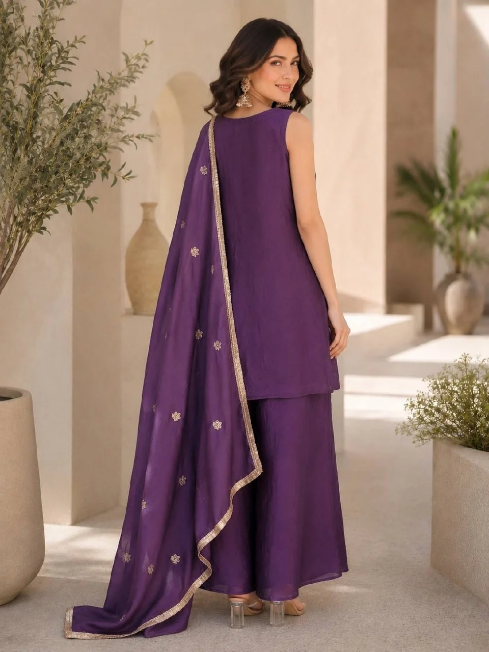 Sleeveless Sequin Kurta Set with Dupatta in Purple — photo 3 of 6