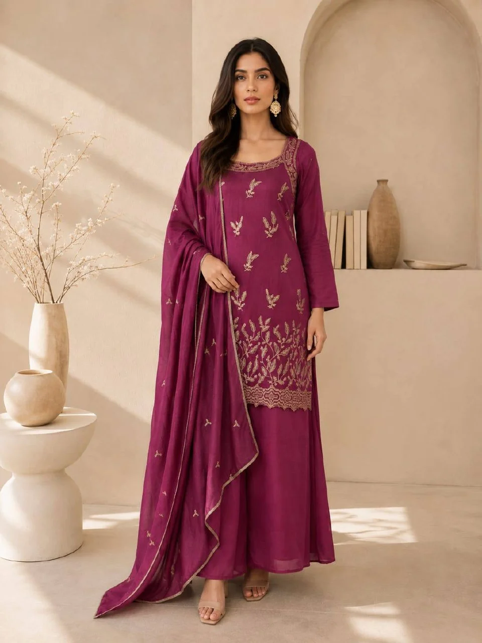 Silk Leaf Embroidered Kurta Set with Dupatta in Wine — photo 2 of 7