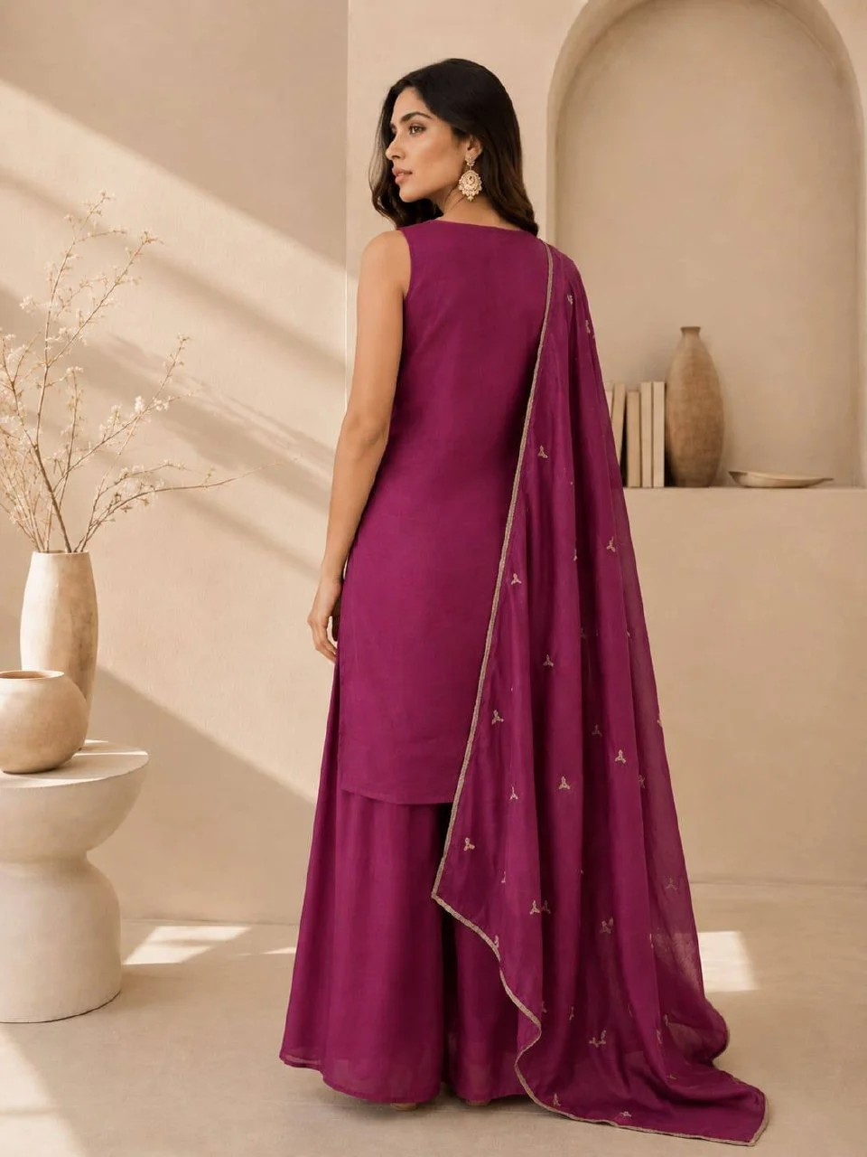 Silk Leaf Embroidered Kurta Set with Dupatta in Wine — photo 3 of 7