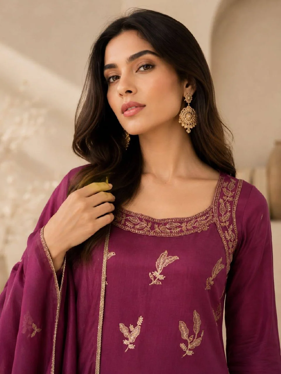 Silk Leaf Embroidered Kurta Set with Dupatta in Wine — photo 4 of 7