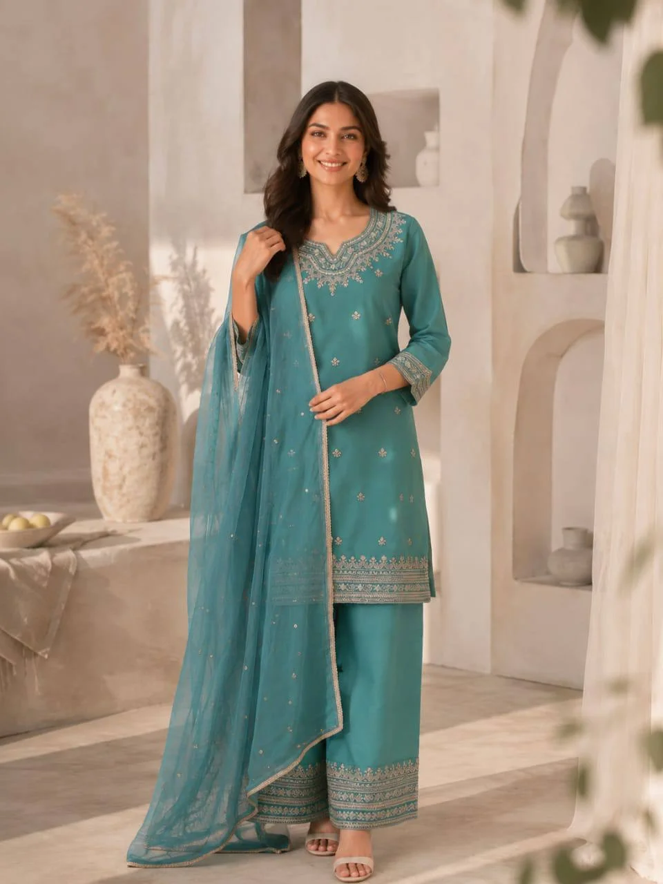 Roman Silk Notch Neck Kurta Set with Dupatta in Teal — photo 2 of 7
