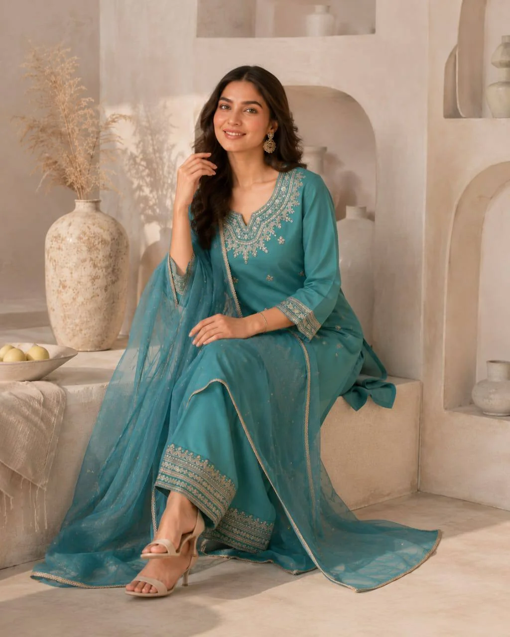 Roman Silk Notch Neck Kurta Set with Dupatta in Teal — photo 3 of 7