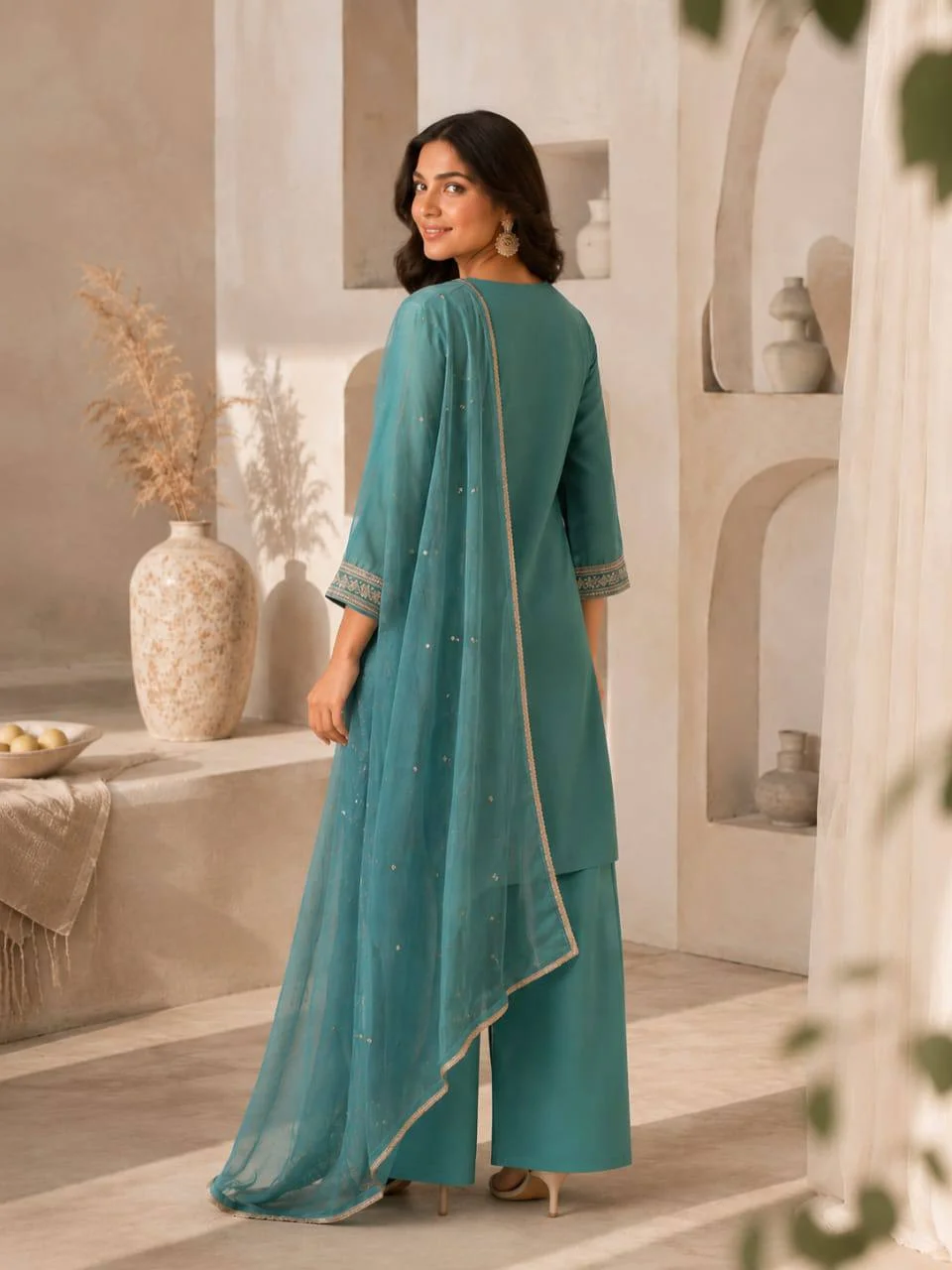 Roman Silk Notch Neck Kurta Set with Dupatta in Teal — photo 4 of 7
