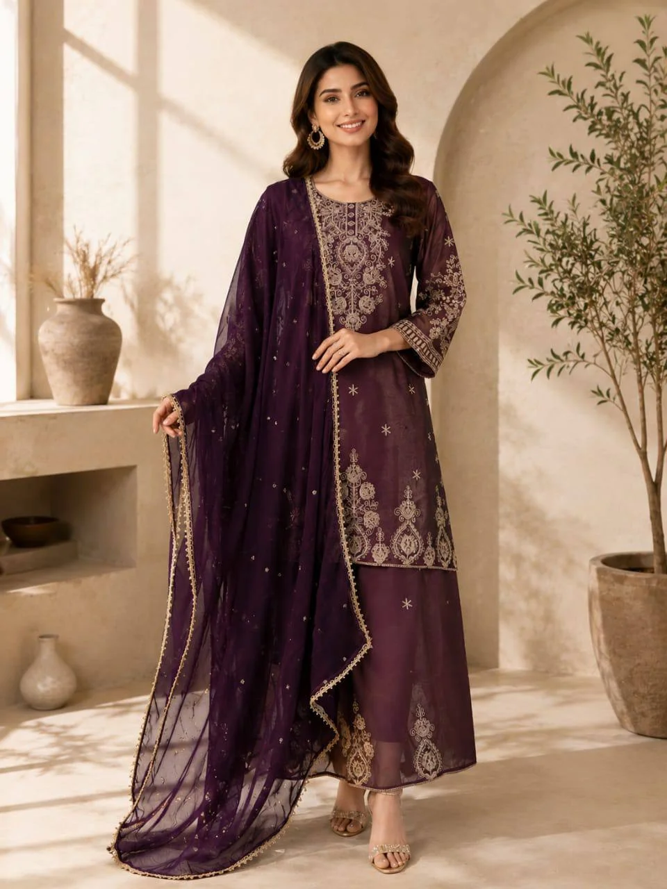 Straight Sequin Kurta Set with Dupatta in Plum — photo 2 of 7