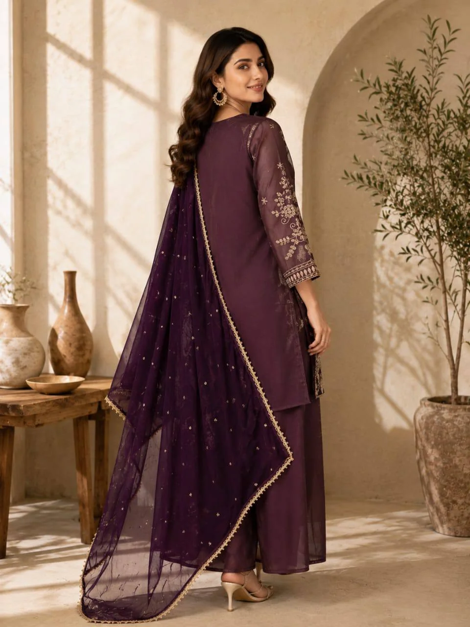 Straight Sequin Kurta Set with Dupatta in Plum — photo 3 of 7