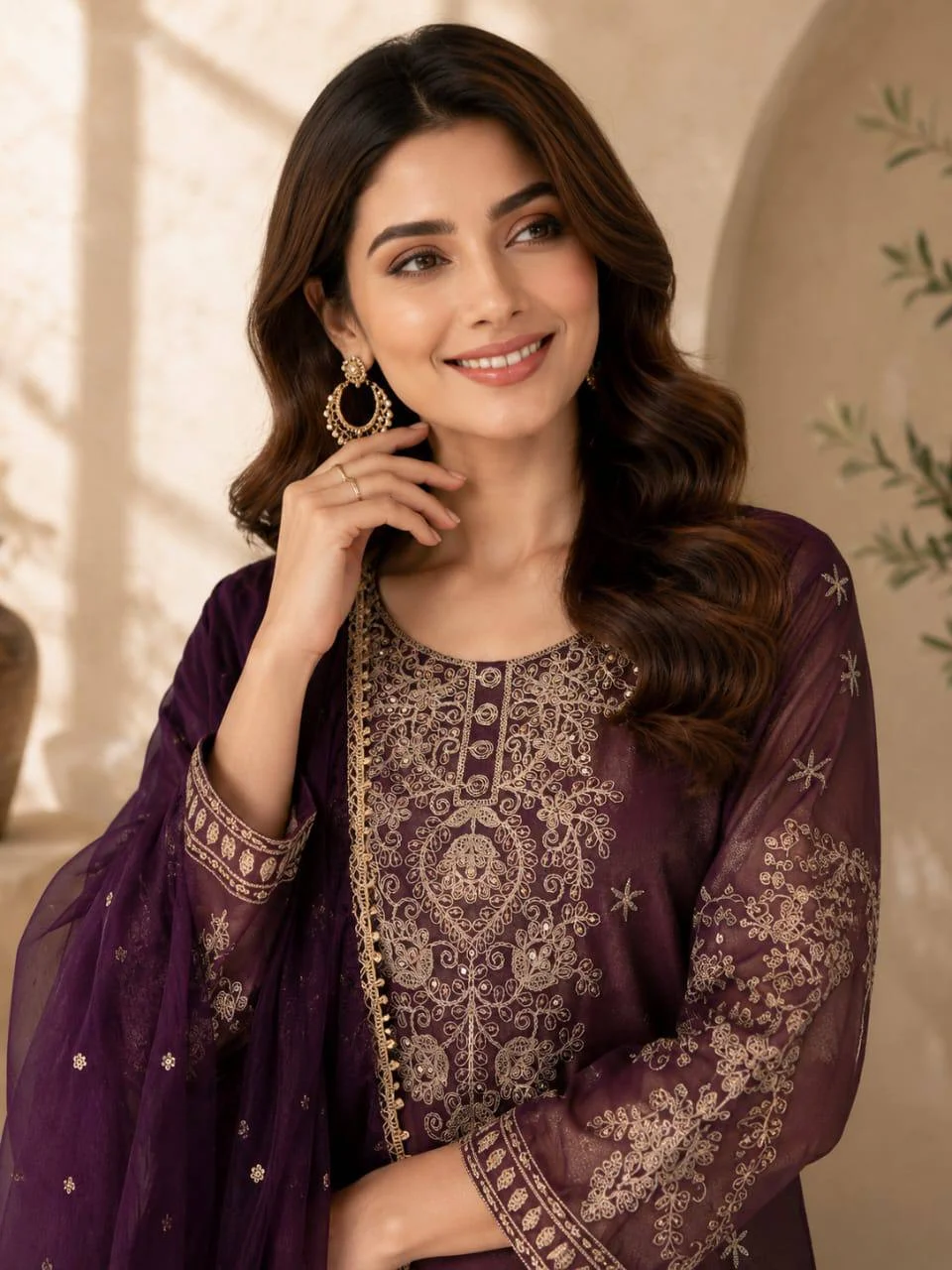 Straight Sequin Kurta Set with Dupatta in Plum — photo 4 of 7