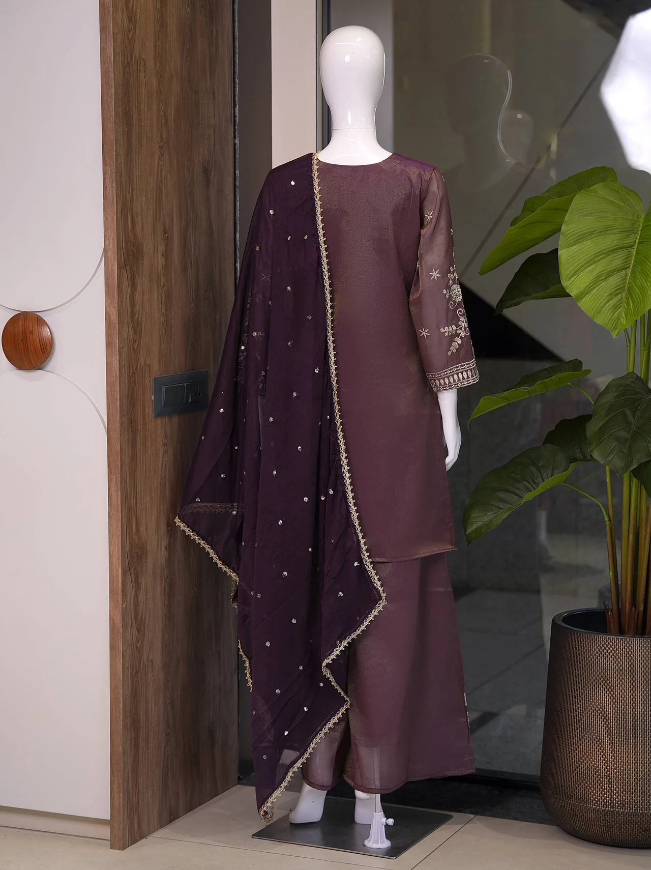 Straight Sequin Kurta Set with Dupatta in Plum — photo 7 of 7