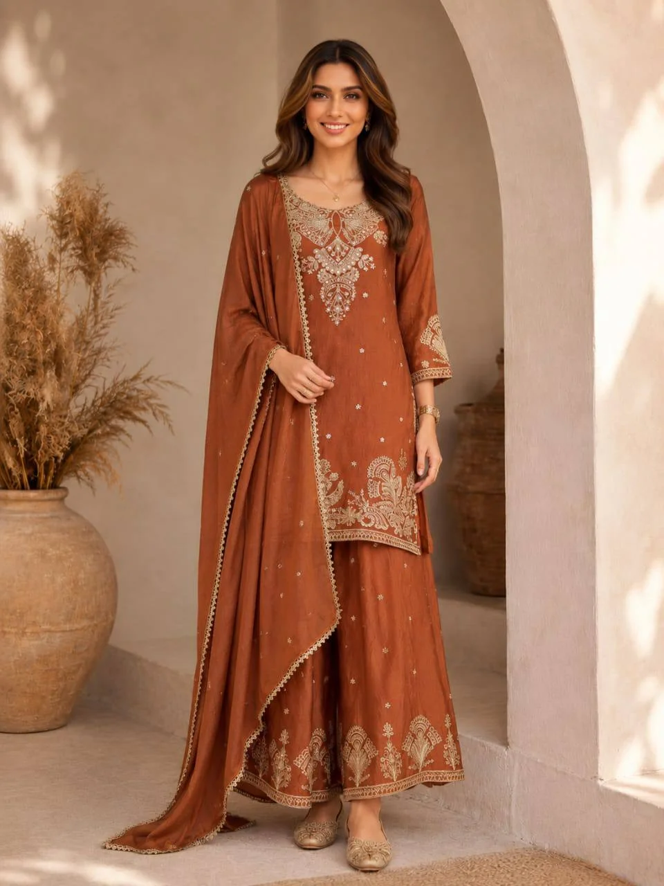 Embroidered Palazzo Kurta Set with Dupatta in Rust — photo 2 of 7