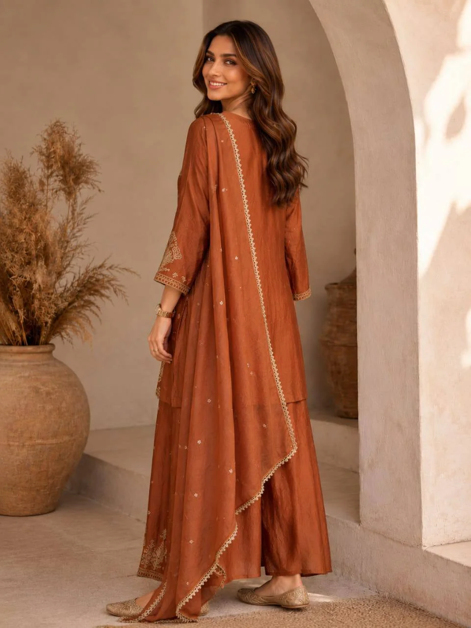 Embroidered Palazzo Kurta Set with Dupatta in Rust — photo 3 of 7