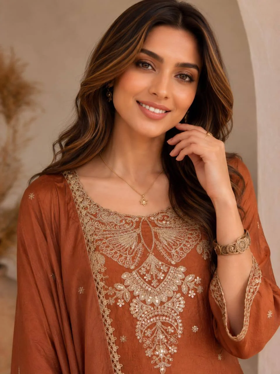 Embroidered Palazzo Kurta Set with Dupatta in Rust — photo 4 of 7