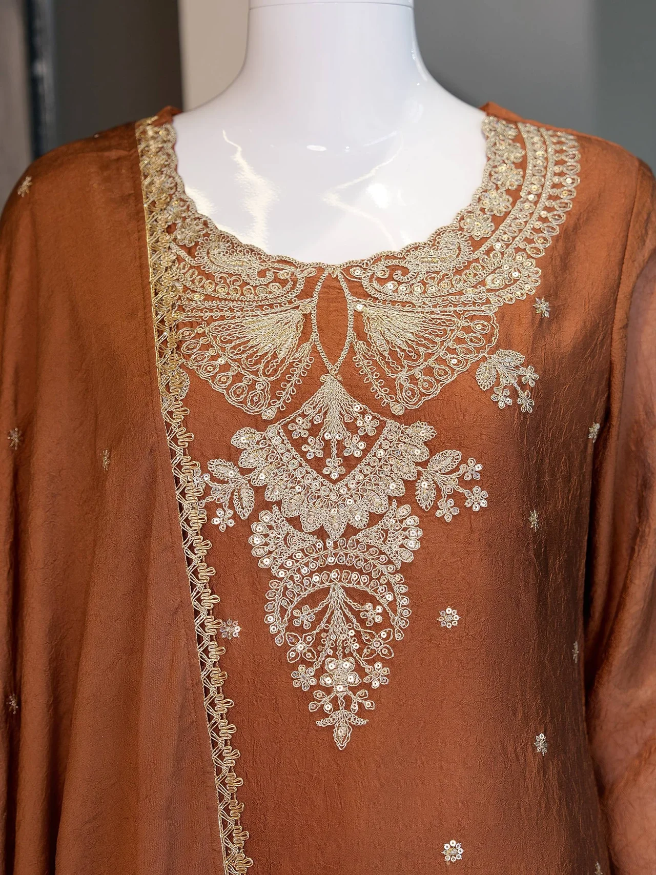 Embroidered Palazzo Kurta Set with Dupatta in Rust — photo 5 of 7