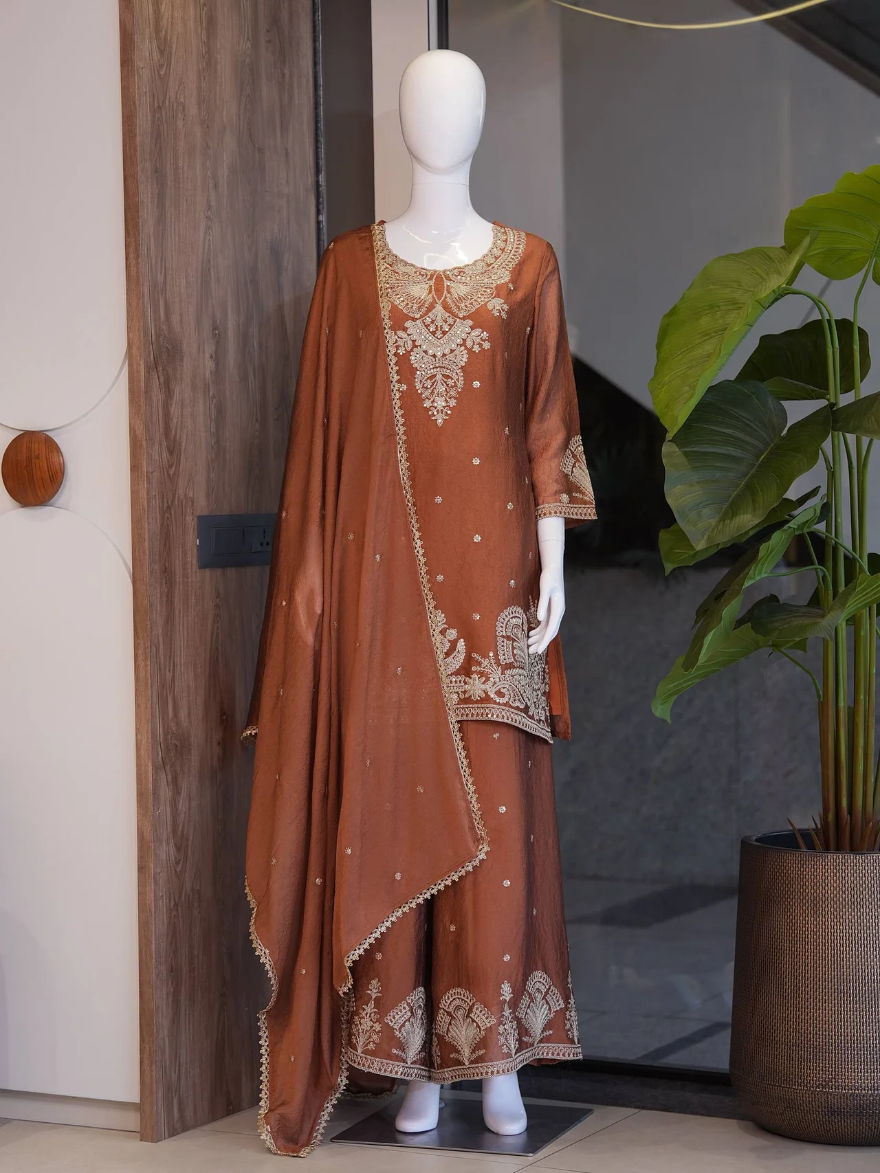 Embroidered Palazzo Kurta Set with Dupatta in Rust — photo 6 of 7