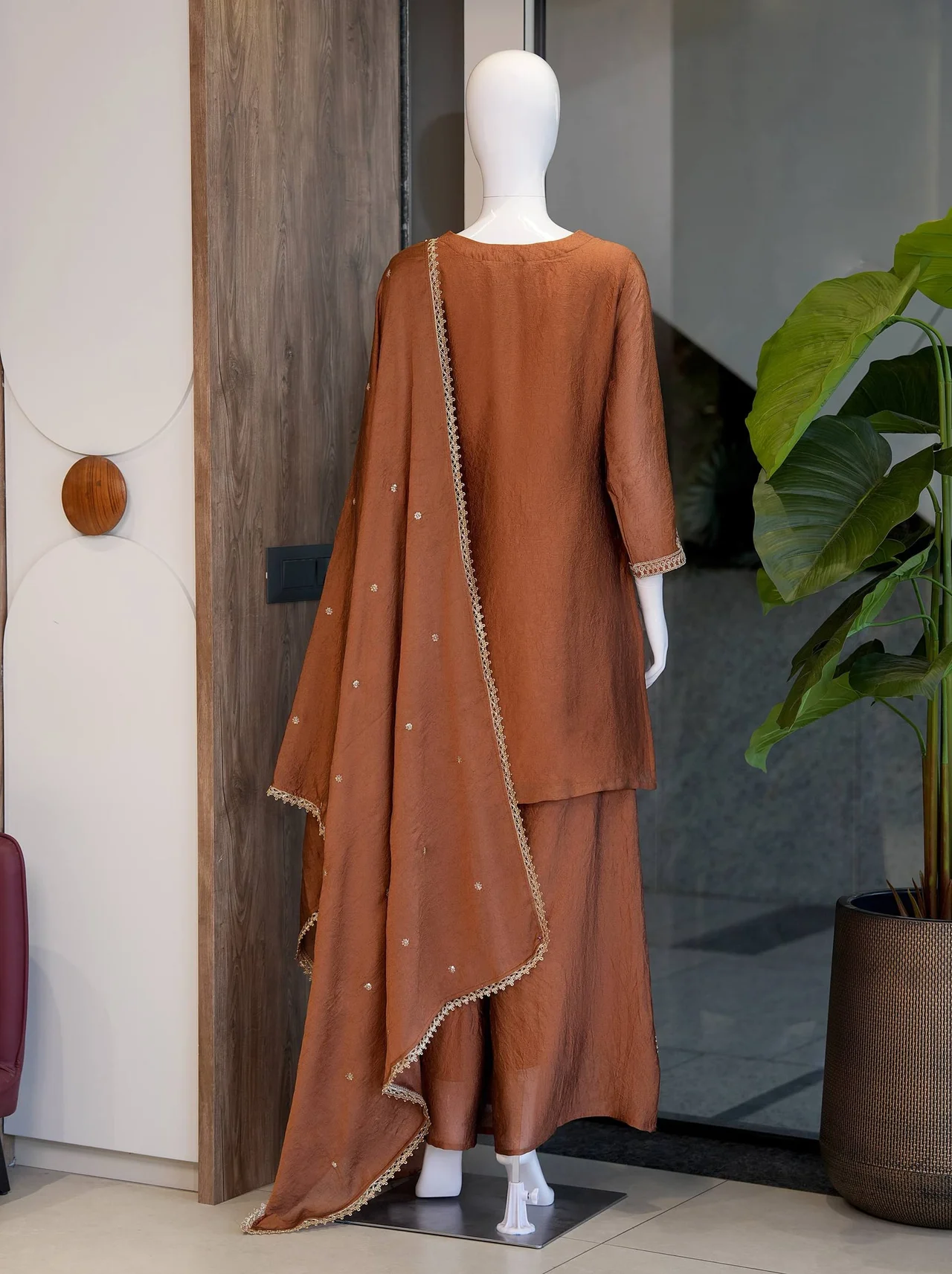 Embroidered Palazzo Kurta Set with Dupatta in Rust — photo 7 of 7