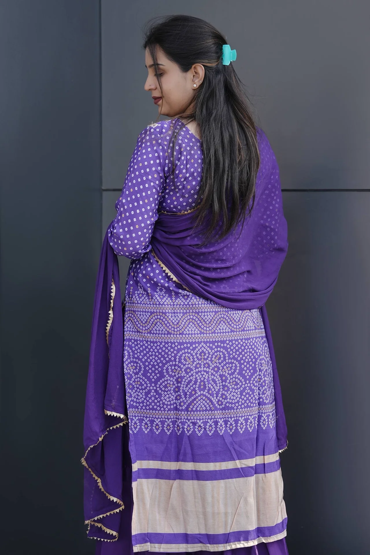 Chinon Bandhani Print Kurta Set with Dupatta in Purple — photo 2 of 7