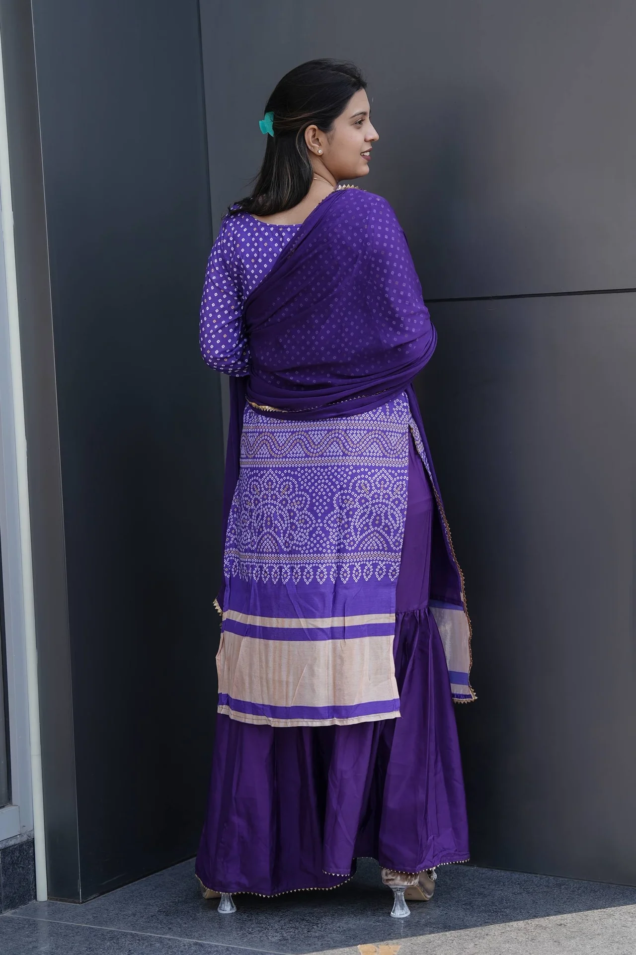 Chinon Bandhani Print Kurta Set with Dupatta in Purple — photo 3 of 7