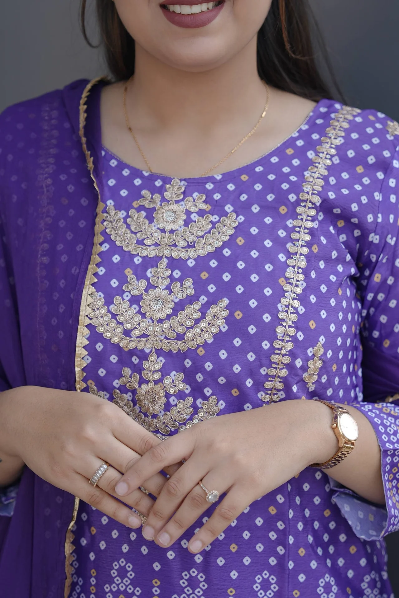 Chinon Bandhani Print Kurta Set with Dupatta in Purple — photo 4 of 7