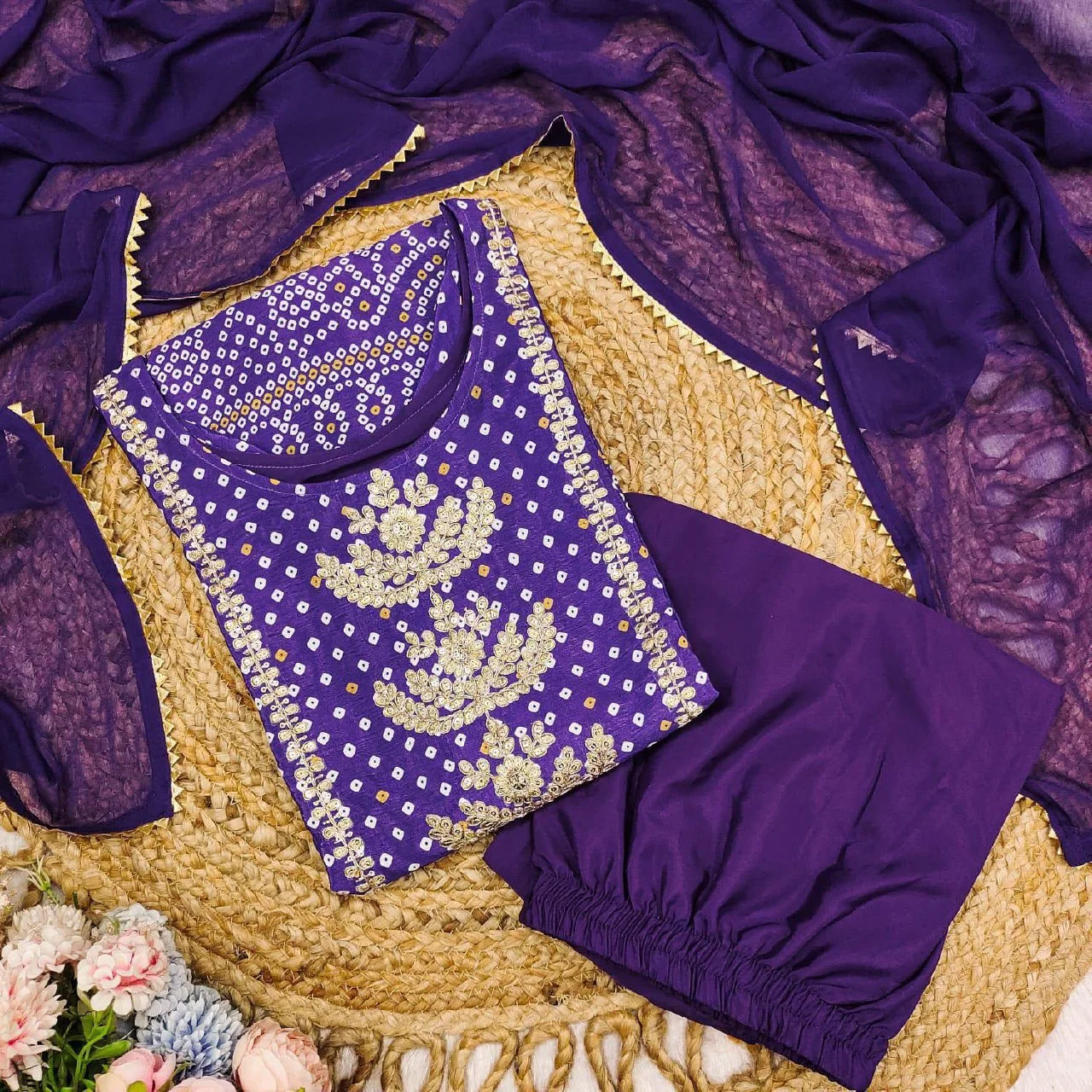 Chinon Bandhani Print Kurta Set with Dupatta in Purple — photo 6 of 7