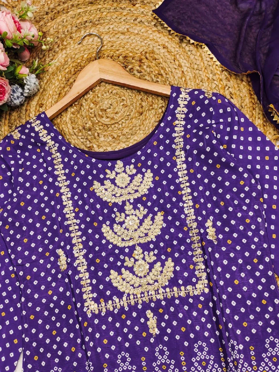 Chinon Bandhani Print Kurta Set with Dupatta in Purple — photo 7 of 7