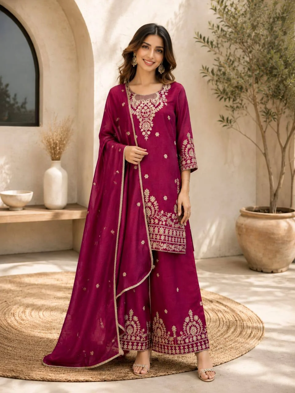 Silk Sequin Work Kurta Set with Dupatta in Magenta — photo 2 of 7