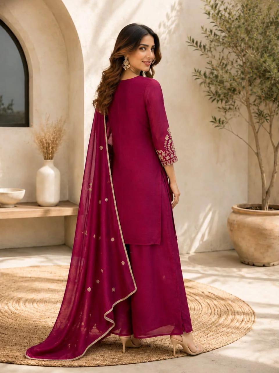 Silk Sequin Work Kurta Set with Dupatta in Magenta — photo 3 of 7