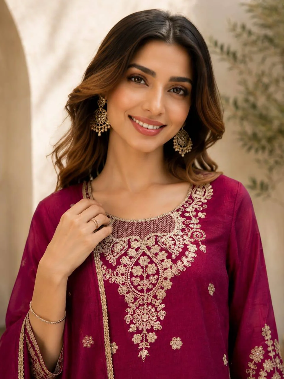 Silk Sequin Work Kurta Set with Dupatta in Magenta — photo 4 of 7