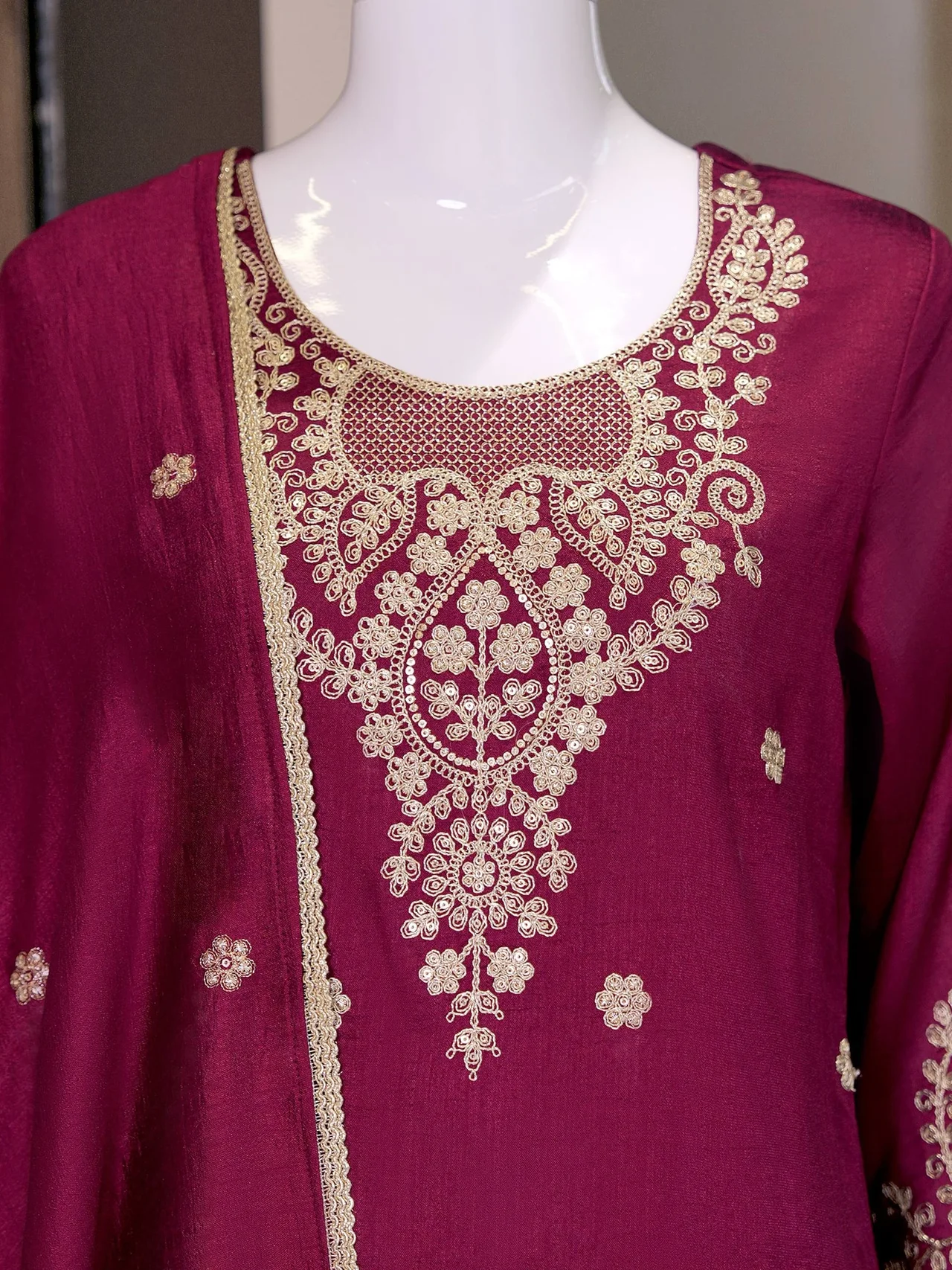 Silk Sequin Work Kurta Set with Dupatta in Magenta — photo 5 of 7