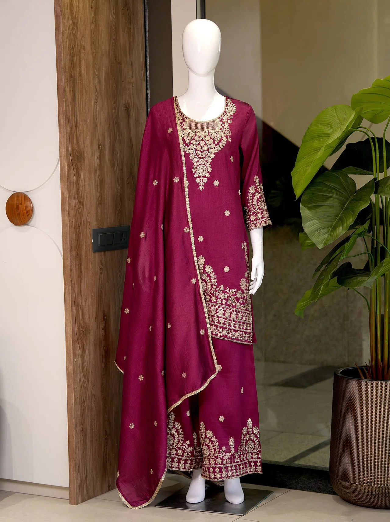 Silk Sequin Work Kurta Set with Dupatta in Magenta — photo 6 of 7