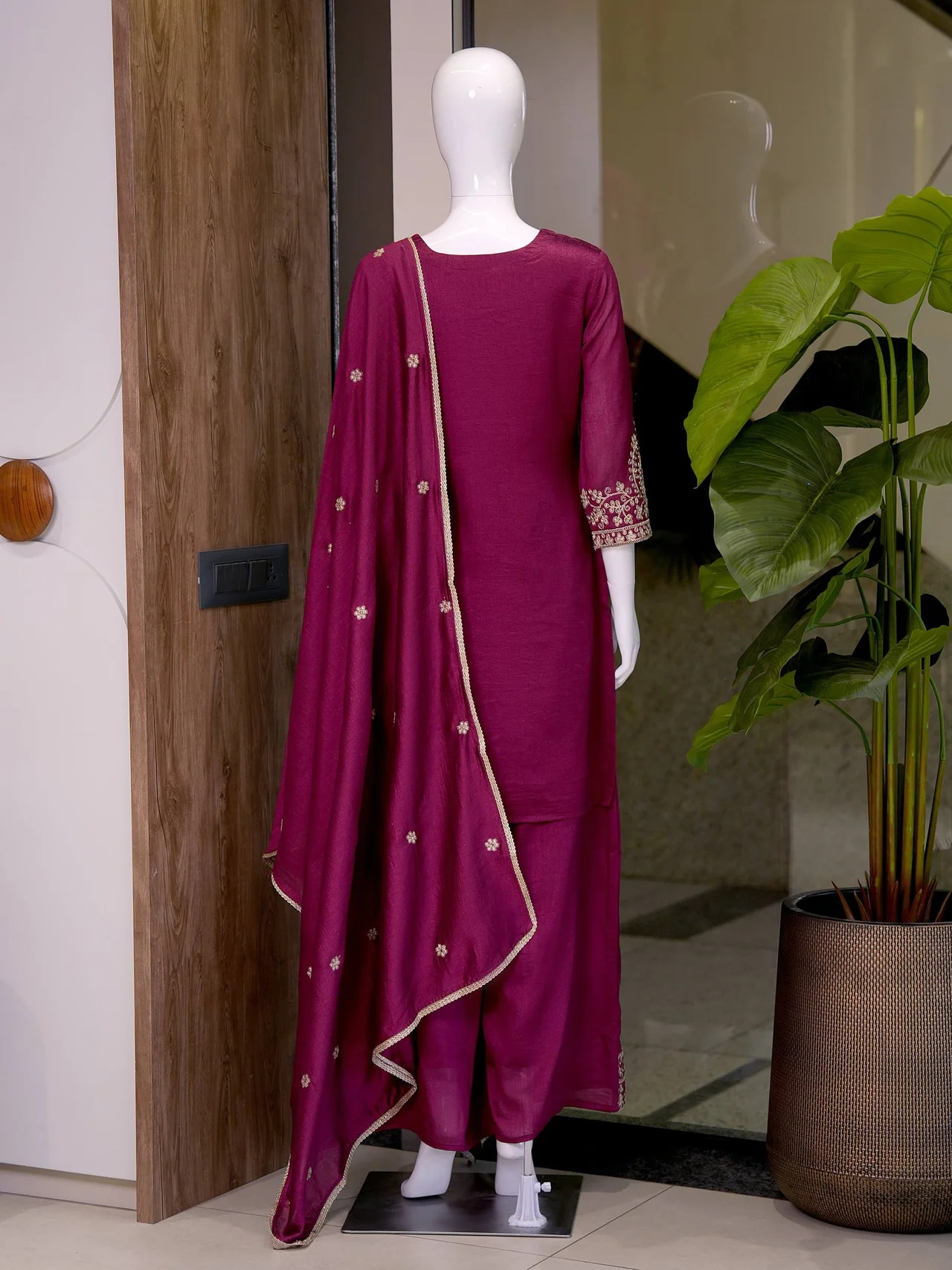 Silk Sequin Work Kurta Set with Dupatta in Magenta — photo 7 of 7