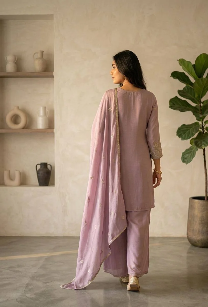Silk V-Neck Sequin Kurta Set with Dupatta in Lilac — photo 2 of 6
