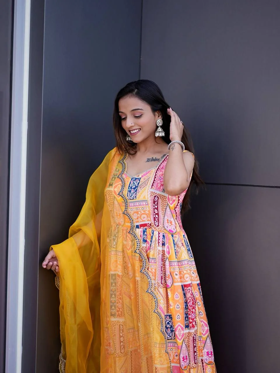 Sleeveless Anarkali Kurta Set with Dupatta in Yellow — photo 4 of 10