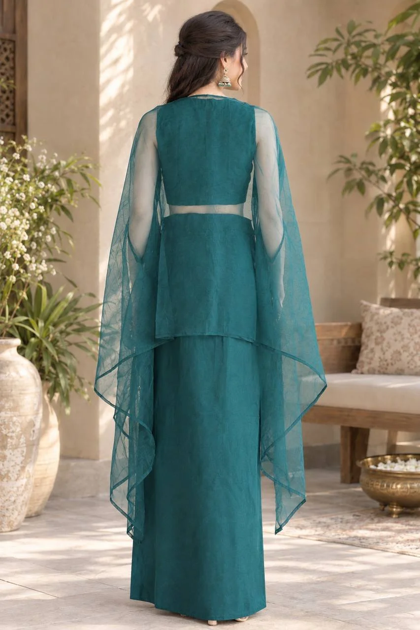 Crepe Embroidered Co-ord Set with Cape in Teal — photo 2 of 6