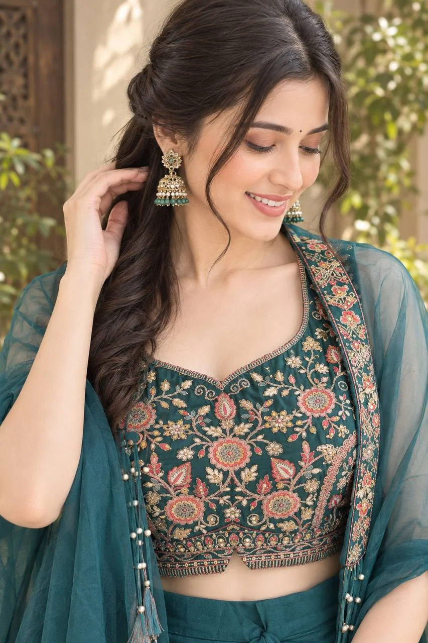 Crepe Embroidered Co-ord Set with Cape in Teal — photo 3 of 6