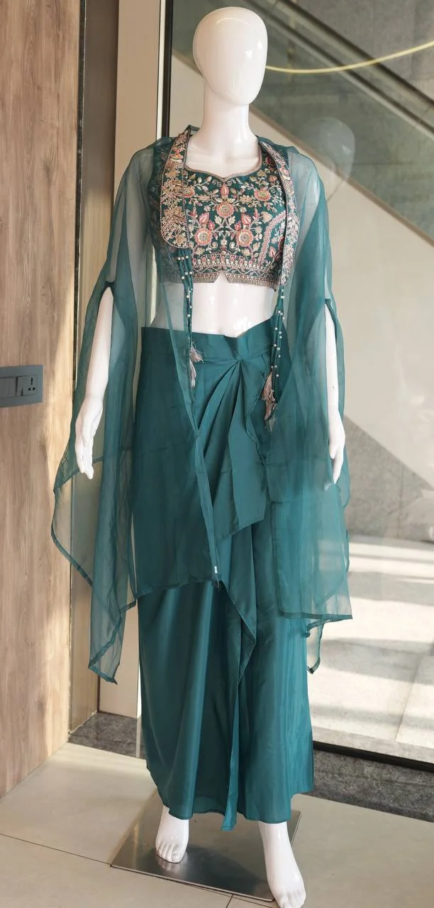 Crepe Embroidered Co-ord Set with Cape in Teal — photo 4 of 6