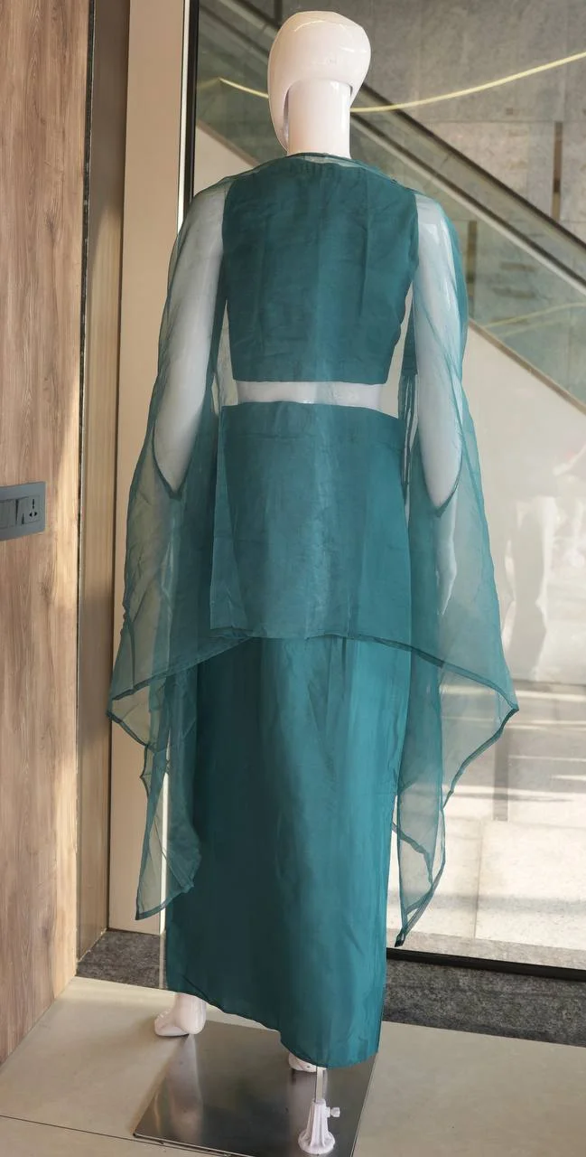 Crepe Embroidered Co-ord Set with Cape in Teal — photo 5 of 6