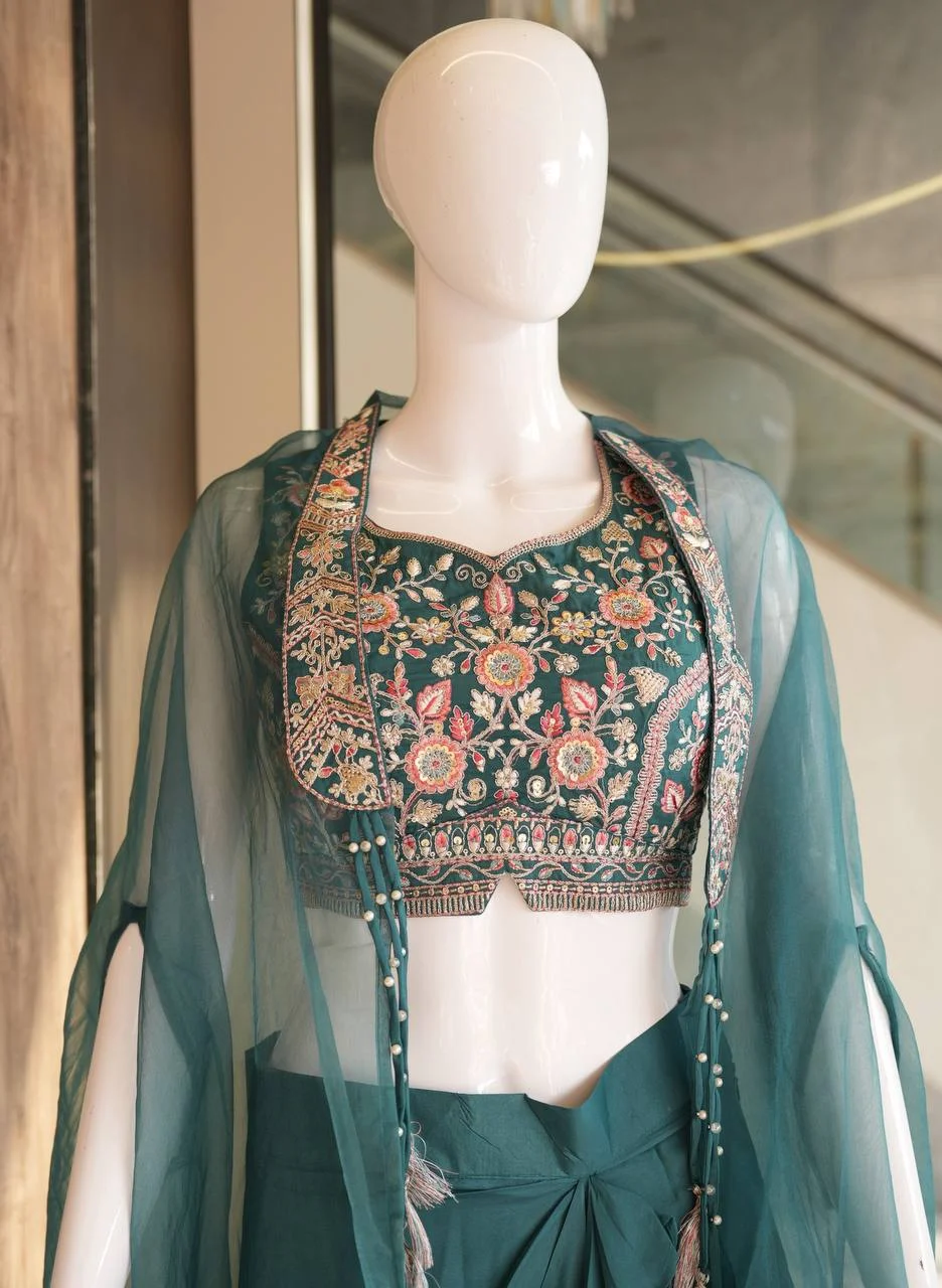 Crepe Embroidered Co-ord Set with Cape in Teal — photo 6 of 6