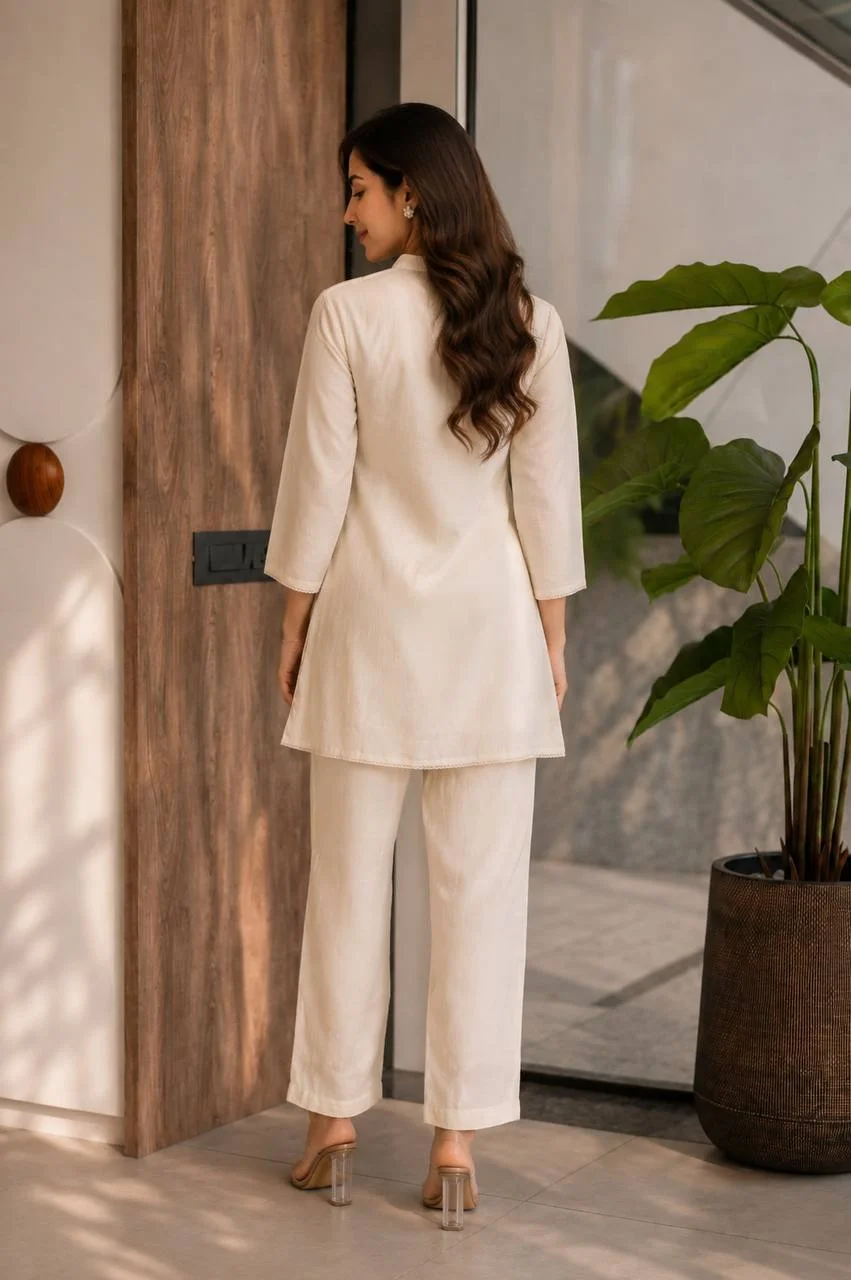 Chanderi Pintuck Embroidered Co-ord Set in Cream — photo 2 of 6
