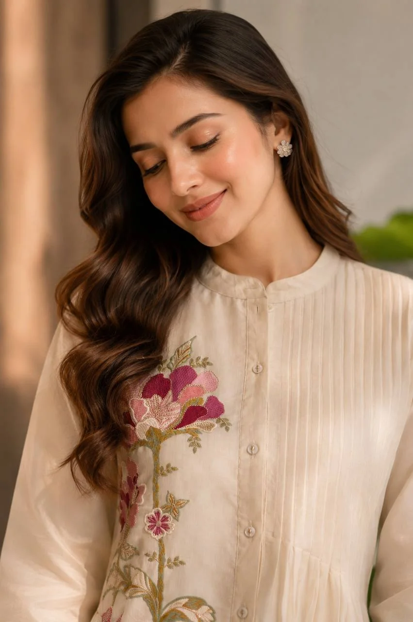 Chanderi Pintuck Embroidered Co-ord Set in Cream — photo 3 of 6