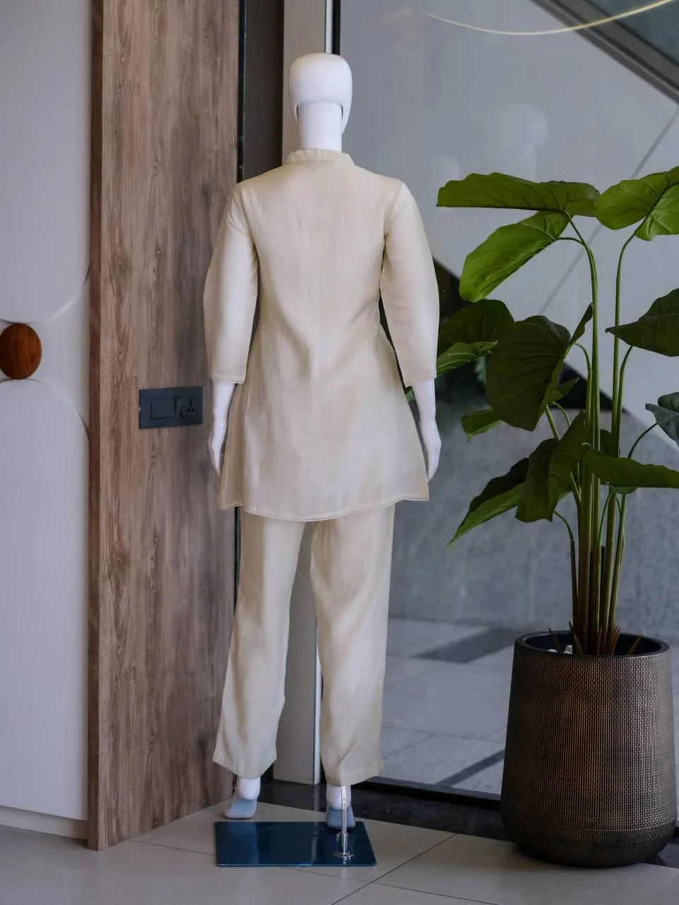 Chanderi Pintuck Embroidered Co-ord Set in Cream — photo 5 of 6