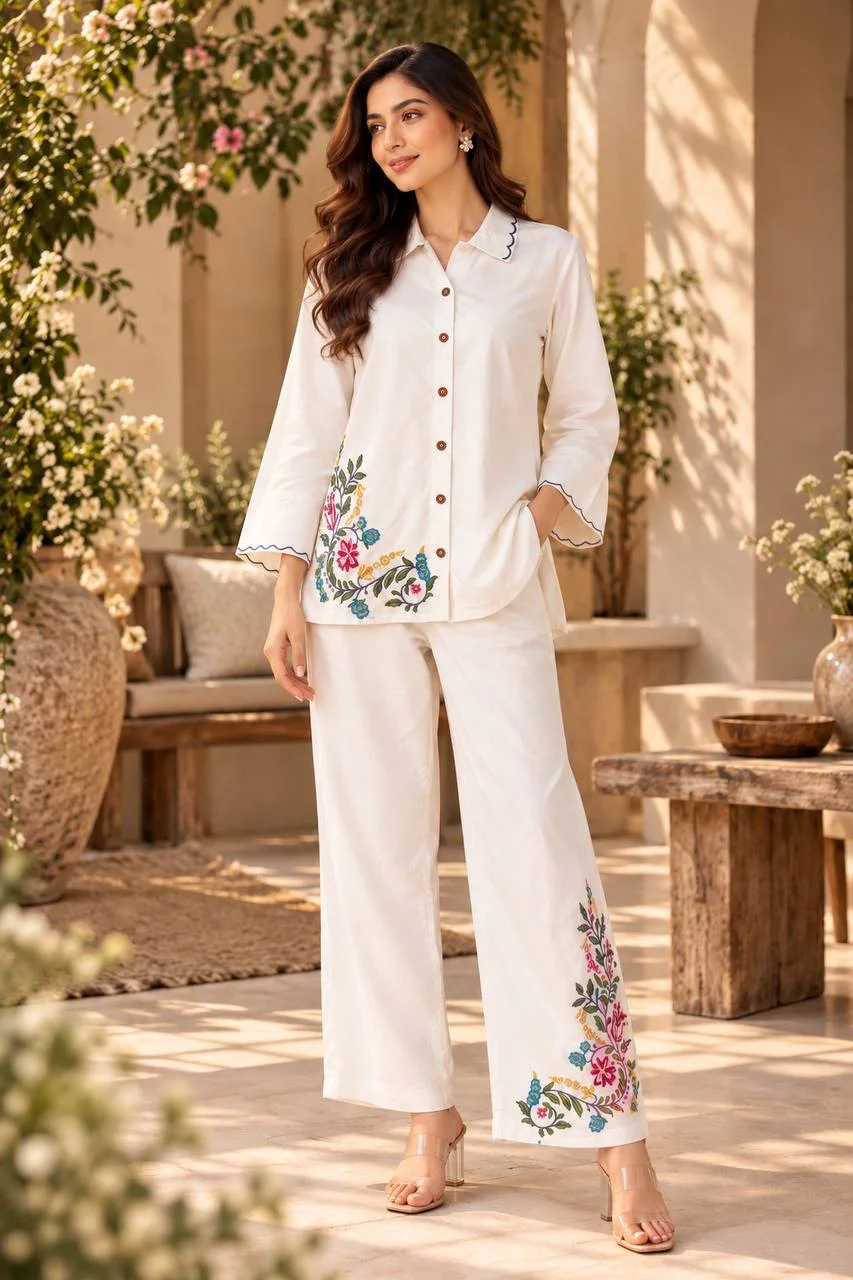 Cotton Embroidered Shirt Co-ord Set in Off White — photo 2 of 7
