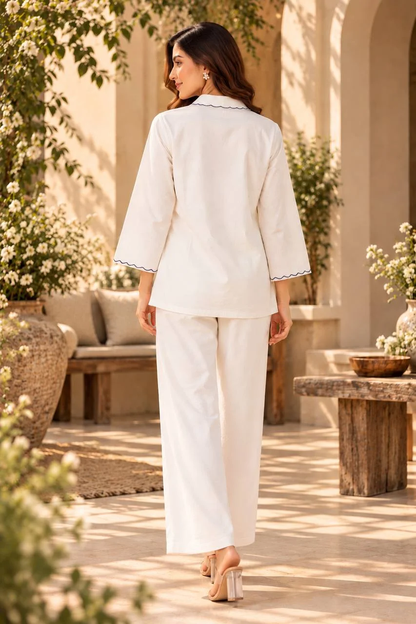 Cotton Embroidered Shirt Co-ord Set in Off White — photo 3 of 7