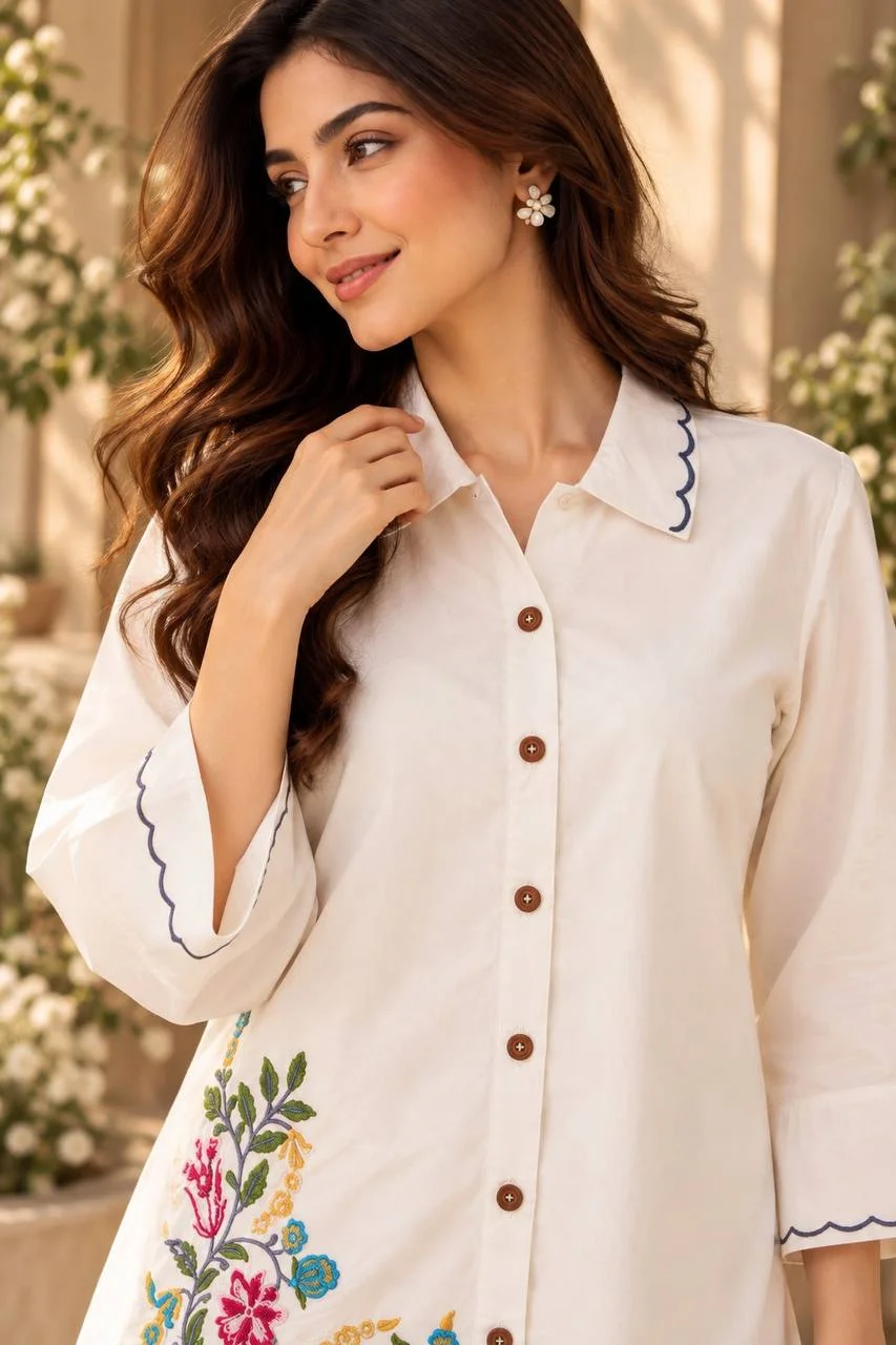 Cotton Embroidered Shirt Co-ord Set in Off White — photo 4 of 7