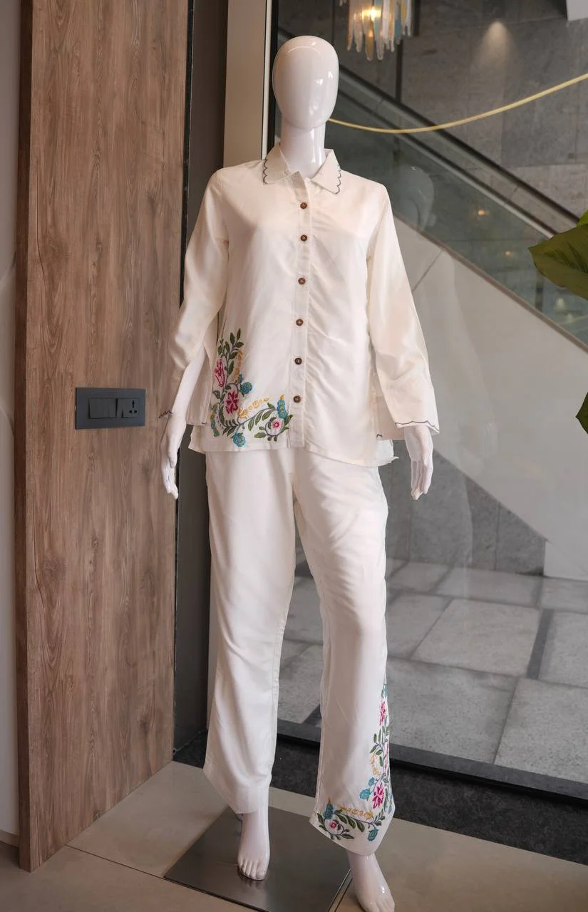 Cotton Embroidered Shirt Co-ord Set in Off White — photo 5 of 7