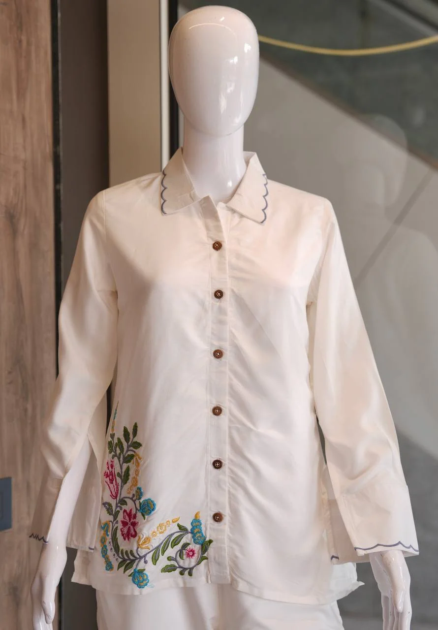 Cotton Embroidered Shirt Co-ord Set in Off White — photo 7 of 7