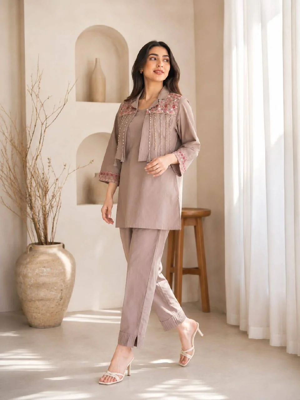 Cotton Tassel Embroidered Palazzo Co-ord Set in Mauve — photo 2 of 8