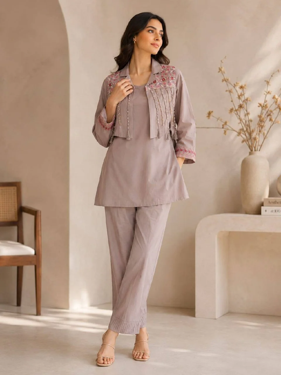 Cotton Tassel Embroidered Palazzo Co-ord Set in Mauve — photo 3 of 8