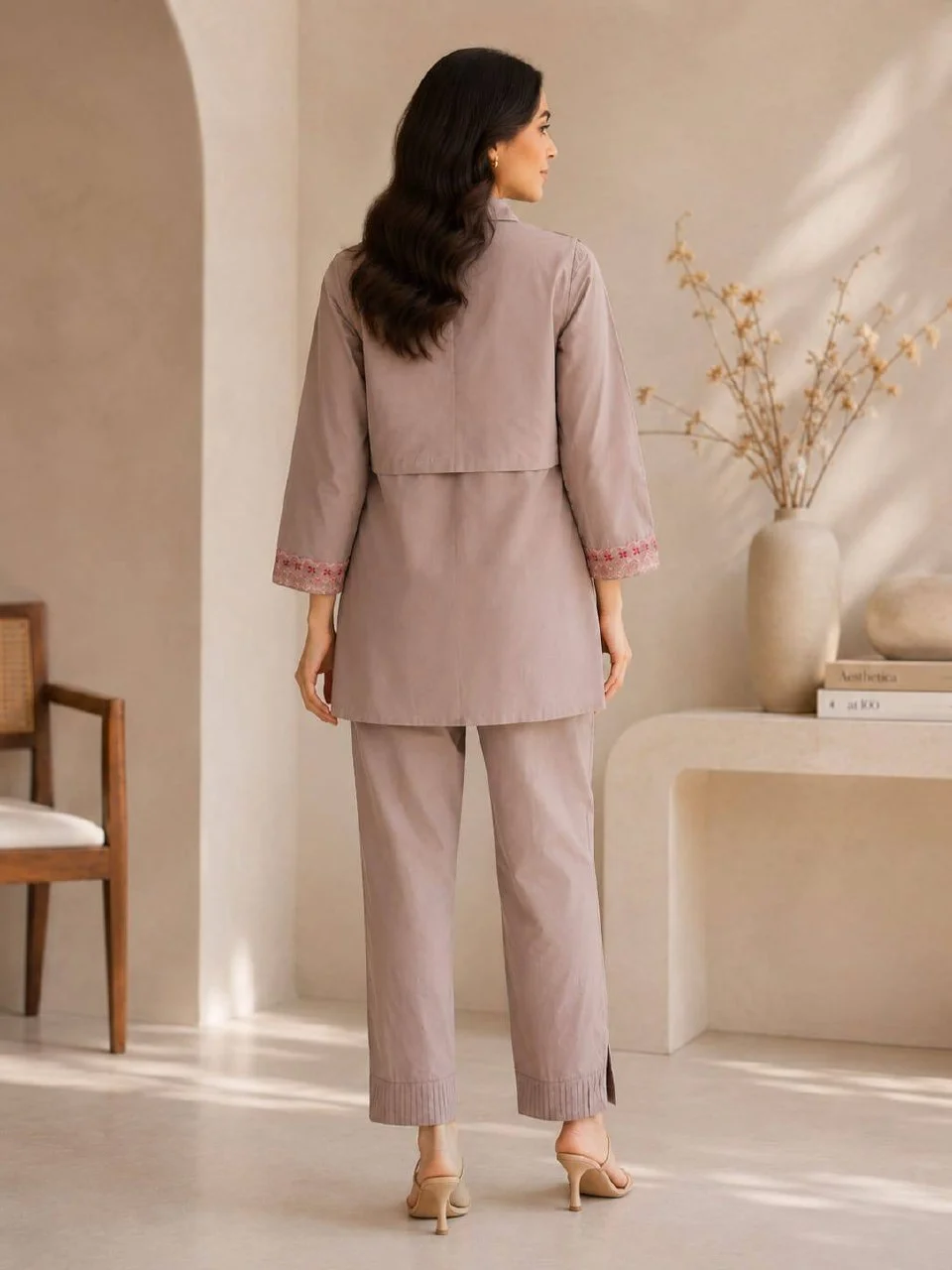 Cotton Tassel Embroidered Palazzo Co-ord Set in Mauve — photo 4 of 8